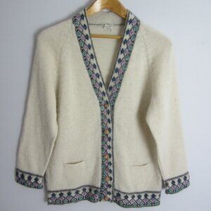 Vtg Folklor Womens M Ivory Teal LS 100% Wool Cardigan Sweater Fair Isle Equador